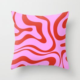 Modern Retro Liquid Swirl Abstract Pattern Square Red and Pink Throw Pillow