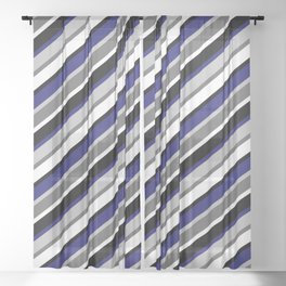 [ Thumbnail: Grey, Dim Grey, White, Black & Midnight Blue Colored Lined Pattern Sheer Curtain ]