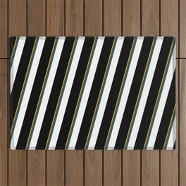 [ Thumbnail: Goldenrod, Dark Slate Gray, White, and Black Colored Striped Pattern Outdoor Rug ]