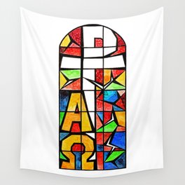 Qubism, Alpha, Omega, stained glass, abstract, square, revelation, bible, Jesus, Christ Wall Tapestry