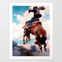 Vintage Western Painting “Bucking” by N C Wyeth Art Print