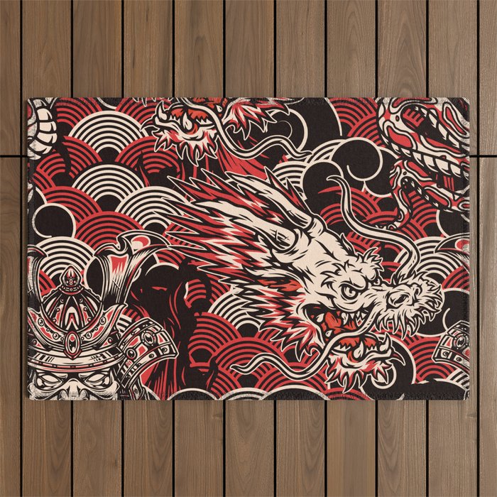 Vintage japanese seamless pattern in monochrome style with poisonous snake fantasy dragon head samurai mask in helmet on waves background vintage illustration Outdoor Rug