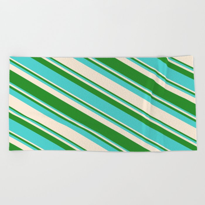 Forest Green, Turquoise & Beige Colored Striped Pattern Beach Towel