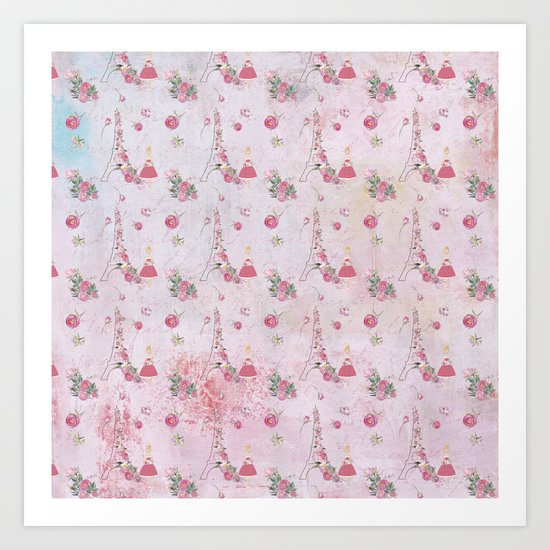 Pink Valentine Eiffeltower Girl and rose flower pattern Art Print