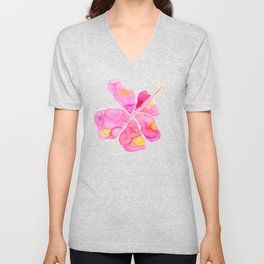 Watercolor Hibiscus- Pink Yellow V Neck T Shirt