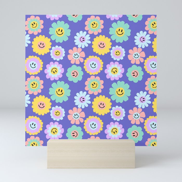 Cheerful Smiley Faces Floral Pattern - Bright & Playful Mini Art Print