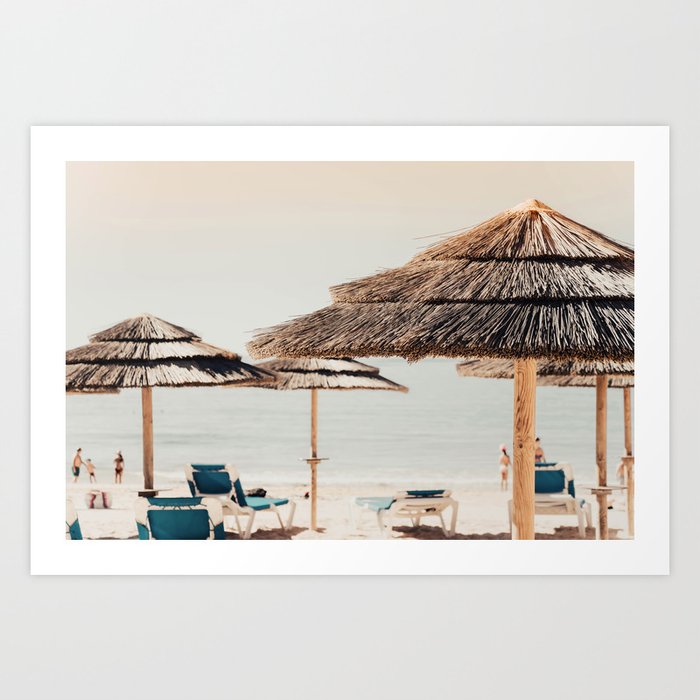 Straw Beach Umbrellas - beach print - ocean sea - travel photography by Ingrid Beddoes Art Print