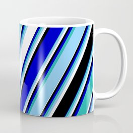[ Thumbnail: Vibrant Blue, Light Sea Green, Light Sky Blue, White & Black Colored Lines/Stripes Pattern Coffee Mug ]