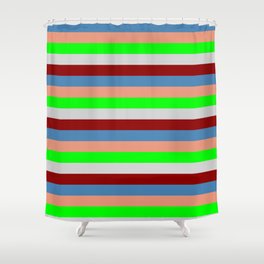 [ Thumbnail: Eye-catching Dark Salmon, Lime, Light Gray, Dark Red, and Blue Colored Lined Pattern Shower Curtain ]