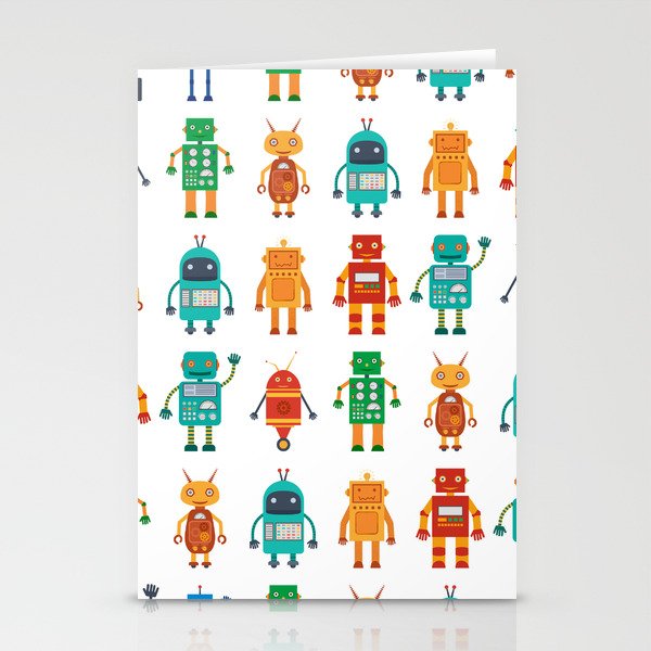 Seamless pattern from colorful retro robots in a flat style on a white background. Vintage illustration.  Stationery Cards