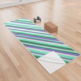 [ Thumbnail: Purple, Mint Cream, Aquamarine & Sea Green Colored Striped Pattern Yoga Towel ]