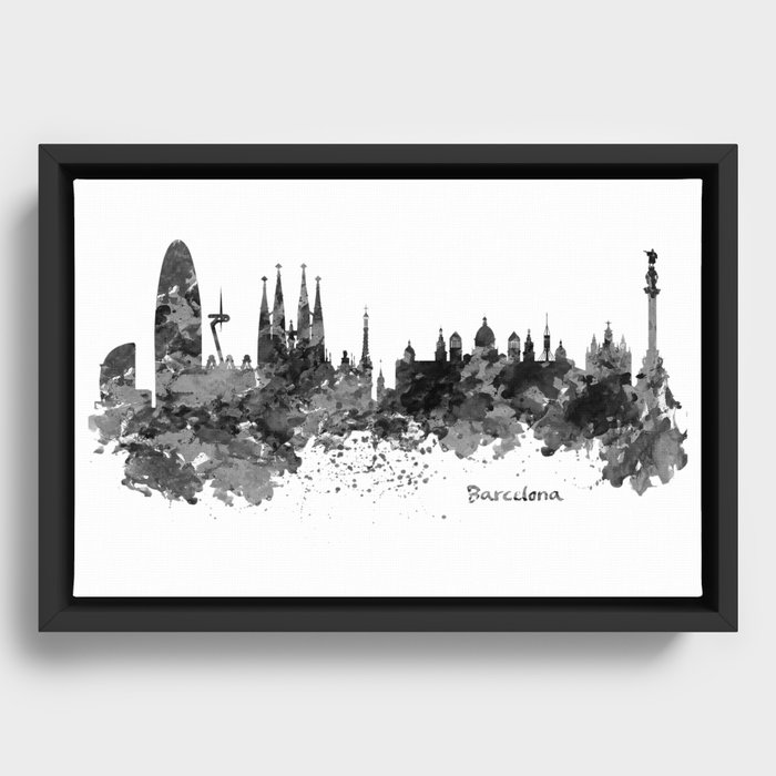 Barcelona Black and White Watercolor Skyline Framed Canvas