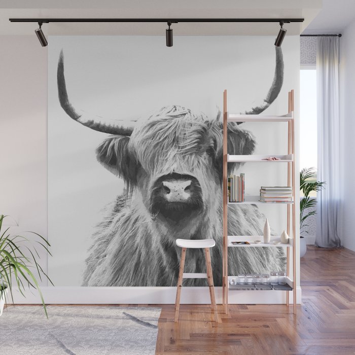 Black and White Highland Cow Portrait Wall Mural