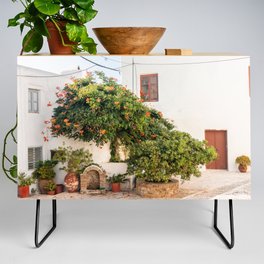 Greek Square Filled with Nature | Mediterranean Town in the Sun | Botanical Travel Photography Credenza
