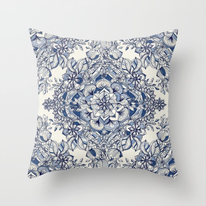Floral Diamond Doodle in Dark Blue and Cream Throw Pillow