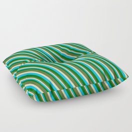 [ Thumbnail: Deep Sky Blue, Dark Green, Dark Olive Green & Tan Colored Pattern of Stripes Floor Pillow ]