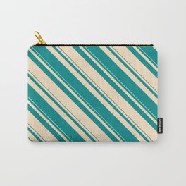 [ Thumbnail: Dark Cyan & Bisque Colored Stripes/Lines Pattern Carry-All Pouch ]