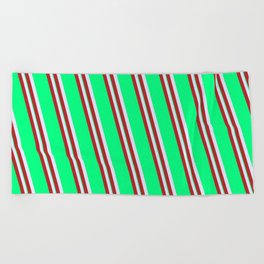 [ Thumbnail: Lavender, Red & Green Colored Striped Pattern Beach Towel ]