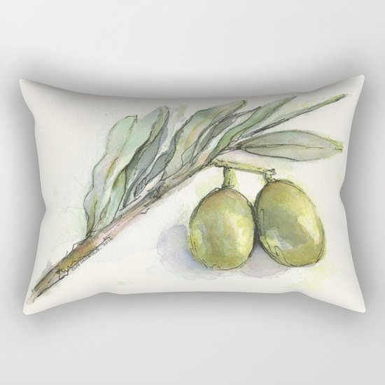 Olive Branch | Green Olives | Watercolor Illustration Rectangular Pillow