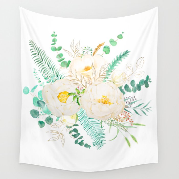 white peony flowers watercolor  Wall Tapestry