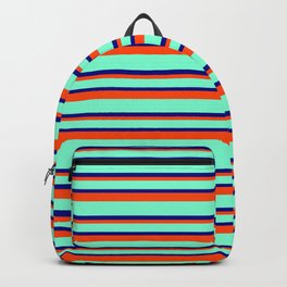 [ Thumbnail: Aquamarine, Blue & Red Colored Striped/Lined Pattern Backpack ]