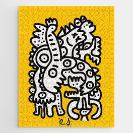 Black and White Cool Monsters Graffiti on Yellow Background Jigsaw Puzzle