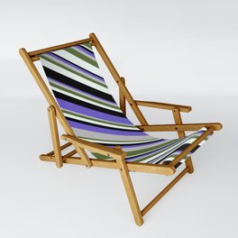 [ Thumbnail: Slate Blue, Grey, Dark Olive Green, Mint Cream, and Black Colored Stripes Pattern Sling Chair ]