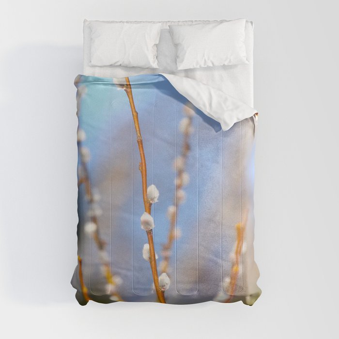 Willow Catkins Blue Sky Spring Mood #decor #society6 #buyart Comforter