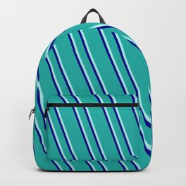 [ Thumbnail: Light Sea Green, Turquoise, and Dark Blue Colored Stripes/Lines Pattern Backpack ]