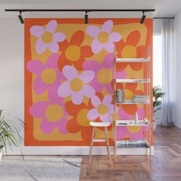 Cheerful Spring Flowers 70’s Retro Orange on Red Wall Mural