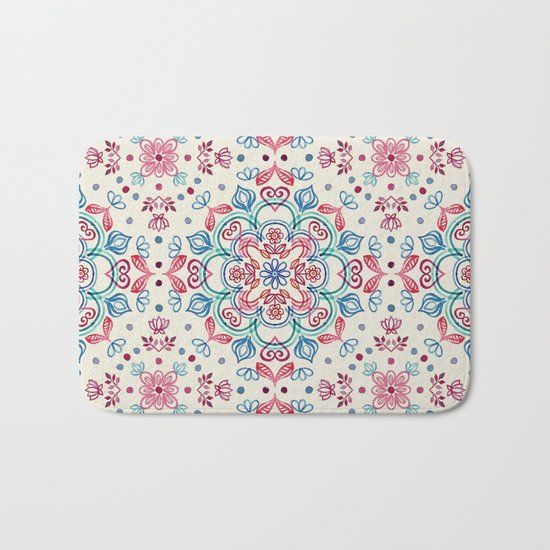 Pastel Blue, Pink & Red Watercolor Floral Pattern on Cream Bath Mat
