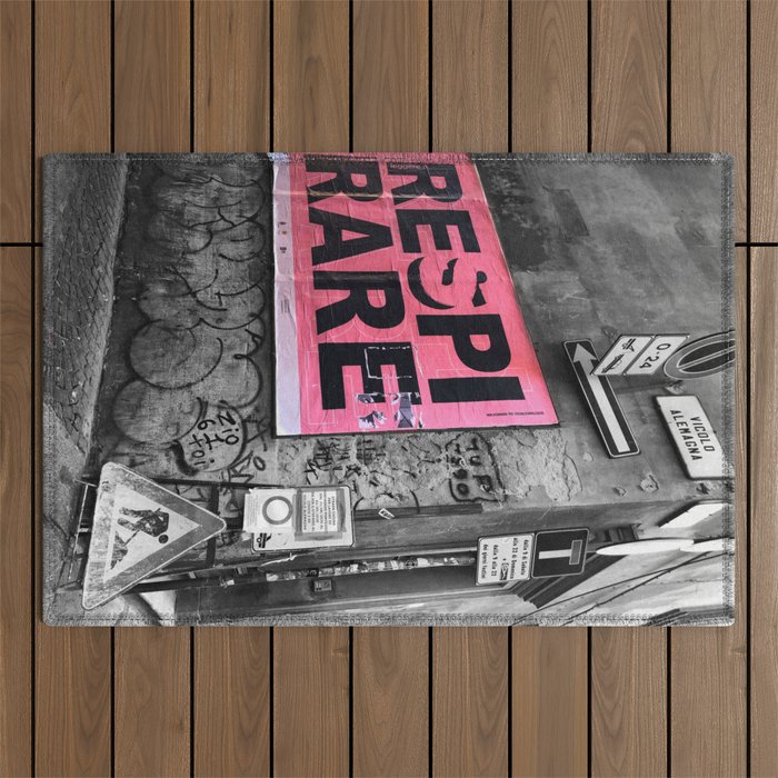 Bologna Street Manifesto Breath Black and White and Pink Photography Outdoor Rug
