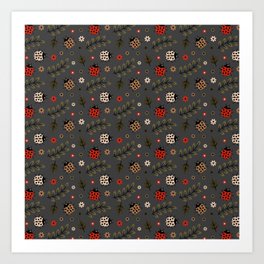 Ladybug and Floral Seamless Pattern on Dark Grey Background Art Print | Cute, Ladybugs, Illustration, Summer, Floral, Lady, Ladybug, Seamless, Grey, Plant 