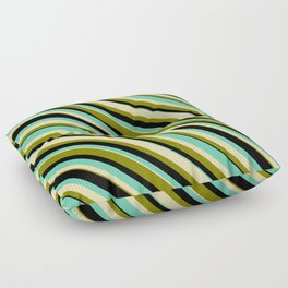 [ Thumbnail: Aquamarine, Tan, Green, and Black Colored Striped Pattern Floor Pillow ]