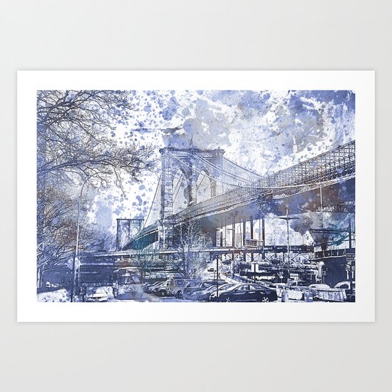 Brooklyn Bridge New York USA Watercolor blue Illustration Art Print