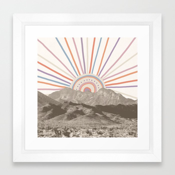 Bohemian Tribal Sun / Abstract Vintage Mountain Happy Summer Vibes Retro Colorful Pastel Sky Artwork Framed Art Print