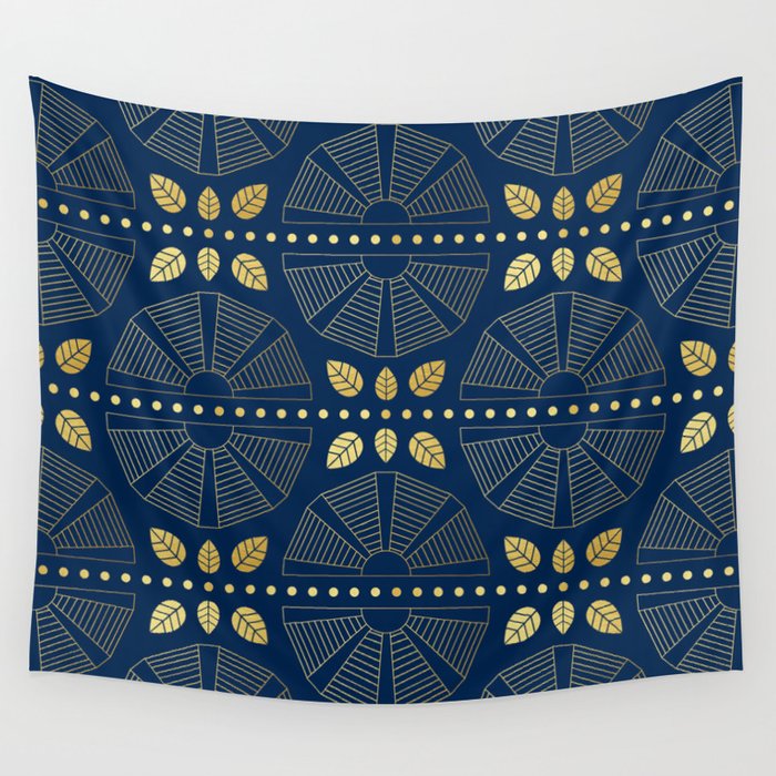 Navy Blue Art Deco Fans Wall Tapestry