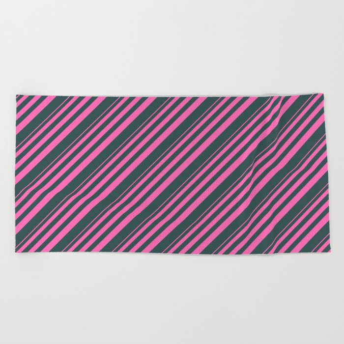 Hot Pink and Dark Slate Gray Colored Stripes Pattern Beach Towel