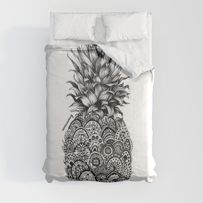 Pineapple Zentangle Black and White Pen Drawing Comforter