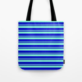 [ Thumbnail: Aquamarine and Blue Colored Striped Pattern Tote Bag ]