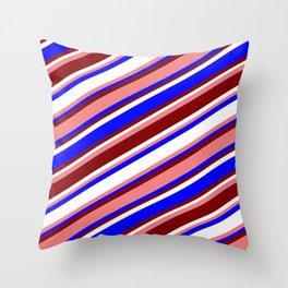 [ Thumbnail: Light Coral, Blue, Maroon, and White Colored Stripes Pattern Throw Pillow ]