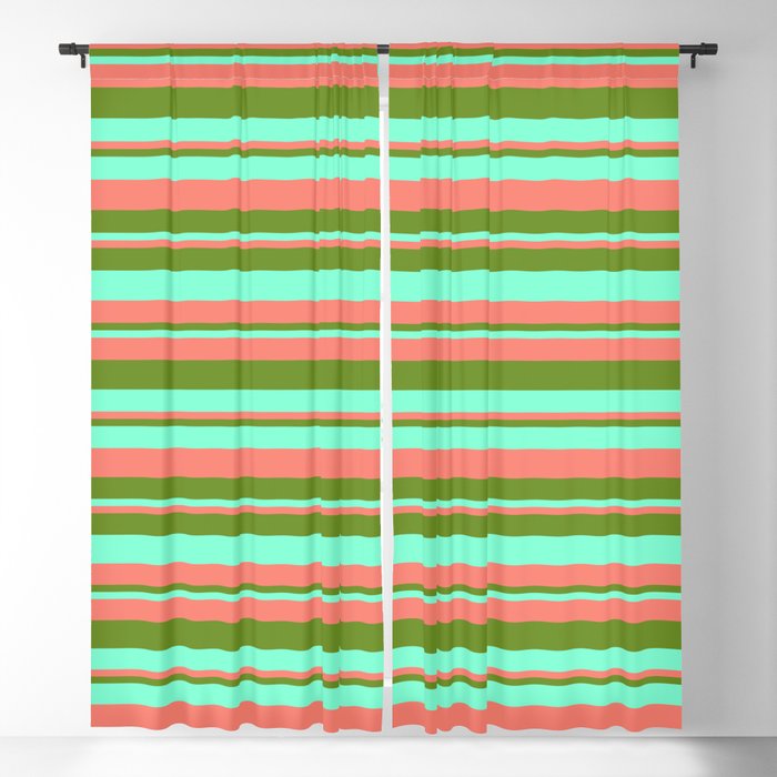 Salmon, Green & Aquamarine Colored Stripes/Lines Pattern Blackout Curtain
