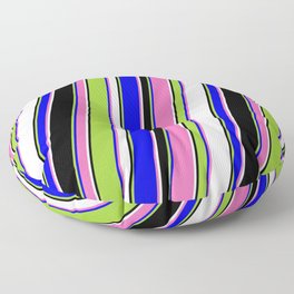 [ Thumbnail: Eye-catching Green, Blue, Hot Pink, Mint Cream & Black Colored Pattern of Stripes Floor Pillow ]