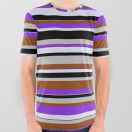 [ Thumbnail: Grey, Brown, Purple, Lavender & Black Colored Pattern of Stripes All Over Graphic Tee ]