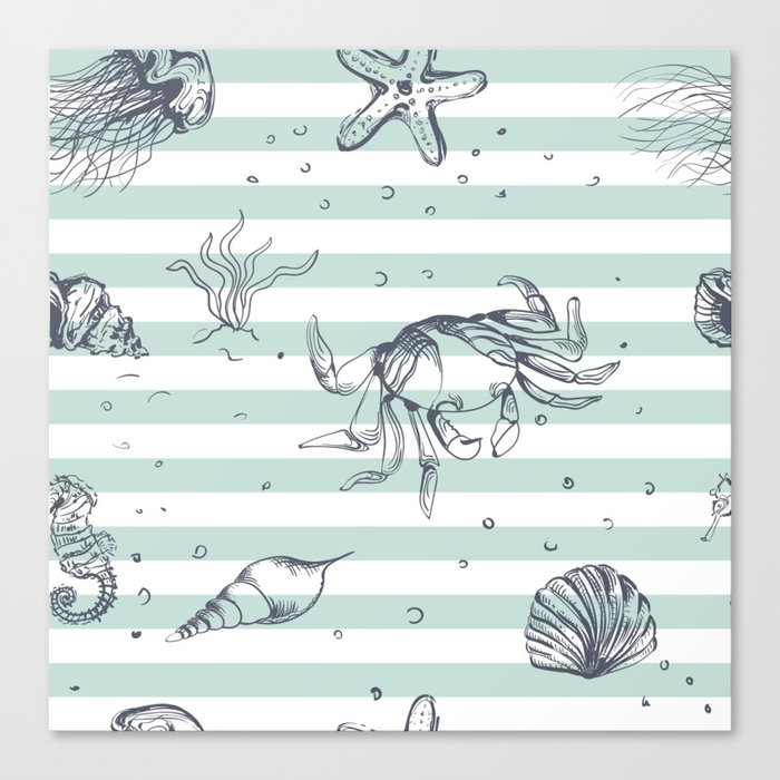 Sea Life on Mint Green Stripes Canvas Print