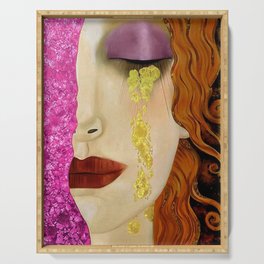 Pink Sapphire Golden Tears Freya's Heartache alternate pink female portrait painting by Gustav Klimt Serving Tray
