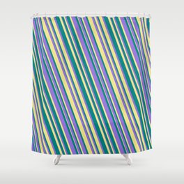 [ Thumbnail: Teal, Purple, and Tan Colored Lines Pattern Shower Curtain ]