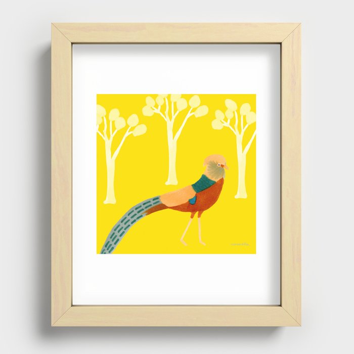 Walking Bird in the Woods - on Yellow Recessed Framed Print