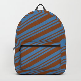 [ Thumbnail: Blue & Brown Colored Lined/Striped Pattern Backpack ]
