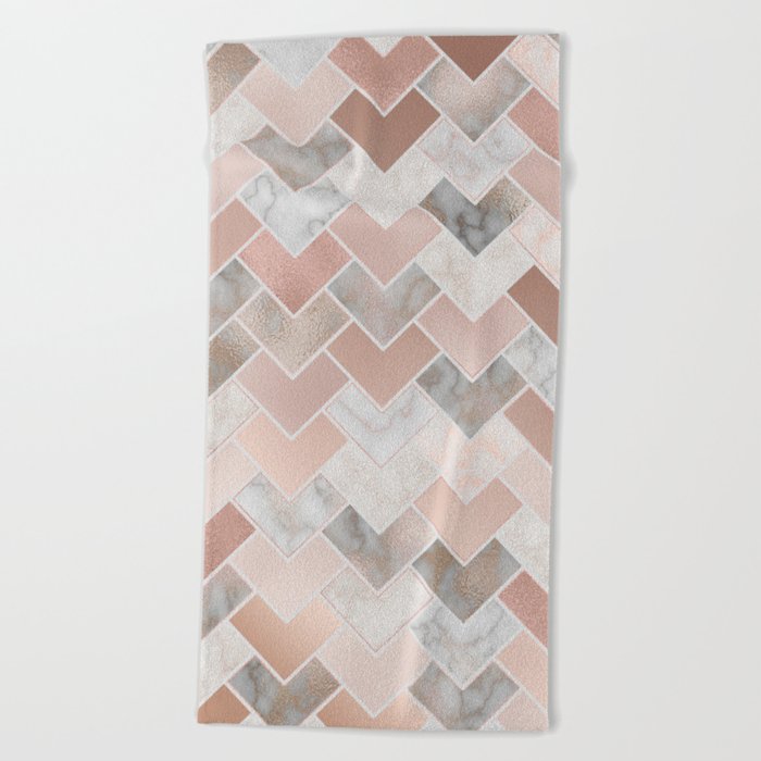 Rose Gold and Marble Geometric Tiles Beach Towel